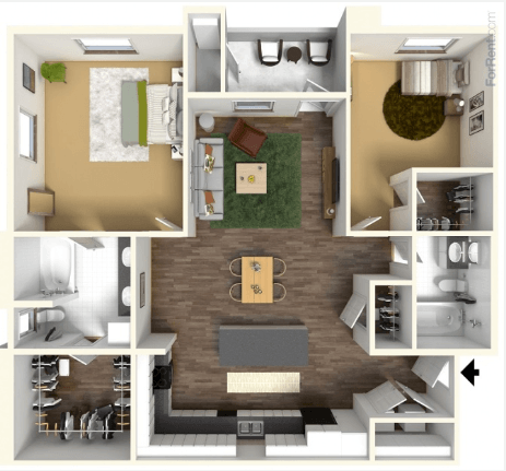 Floor plan for 2 beds, 2 baths, 1151 sqft